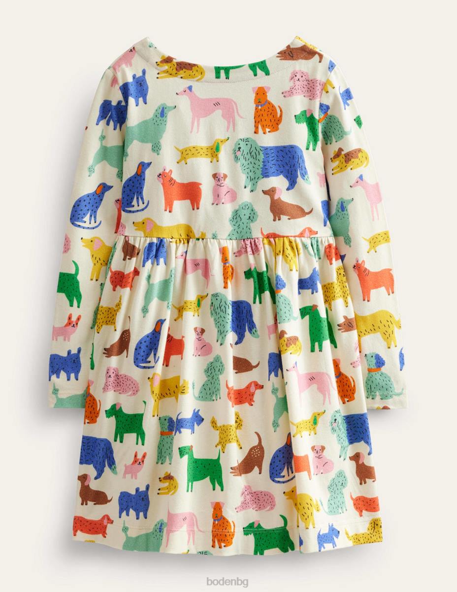 облекло Boden забавна рокля от трико с дълъг ръкав слонова кост игриви кученца бебе LL68360