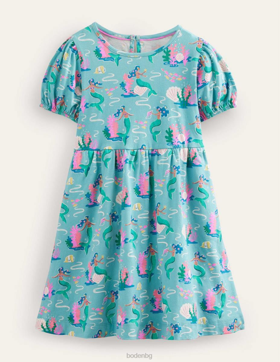 облекло Boden рокля с буф ръкав аква морски сини русалки бебе LL68364