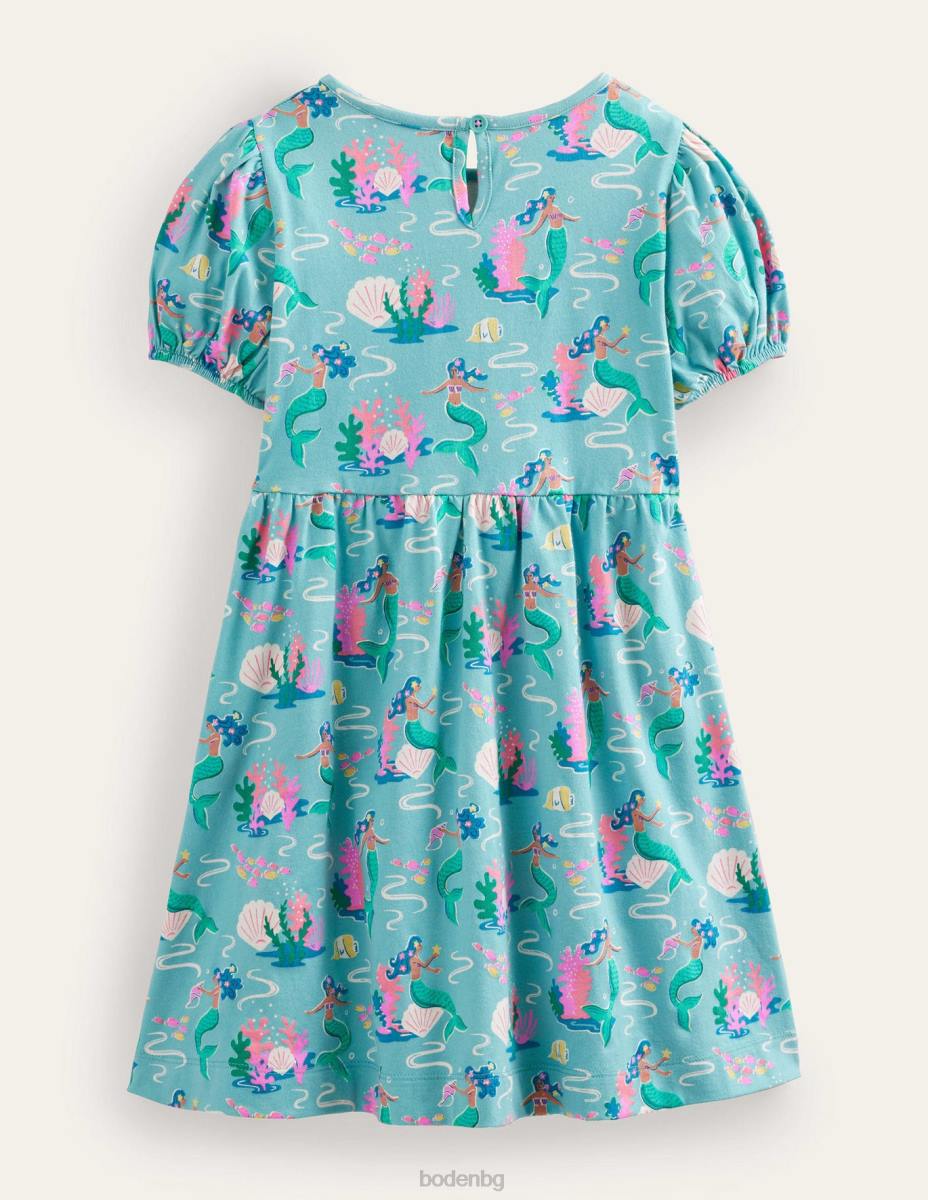 облекло Boden рокля с буф ръкав аква морски сини русалки бебе LL68364