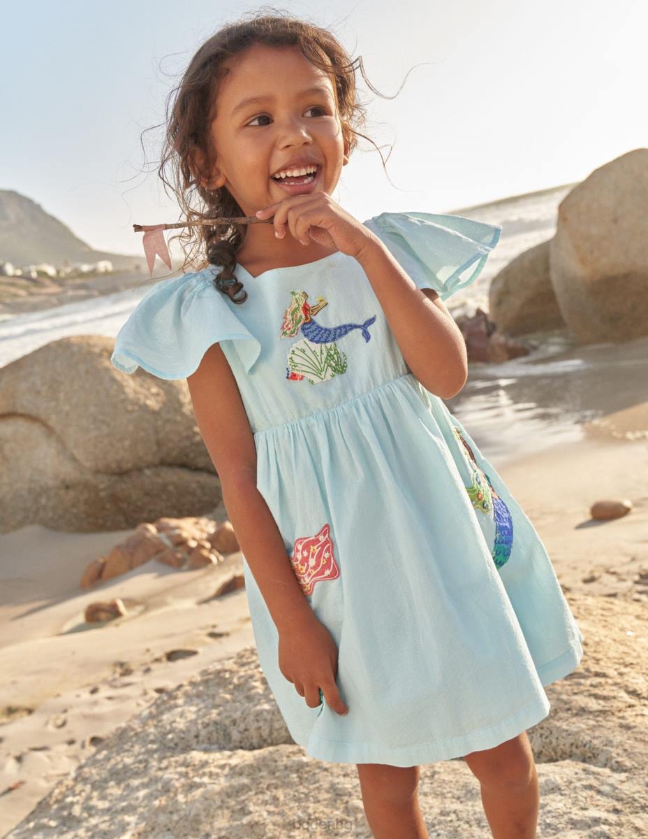облекло Boden рокля с апликации с флатер ръкав ледени аква русалки бебе LL68365