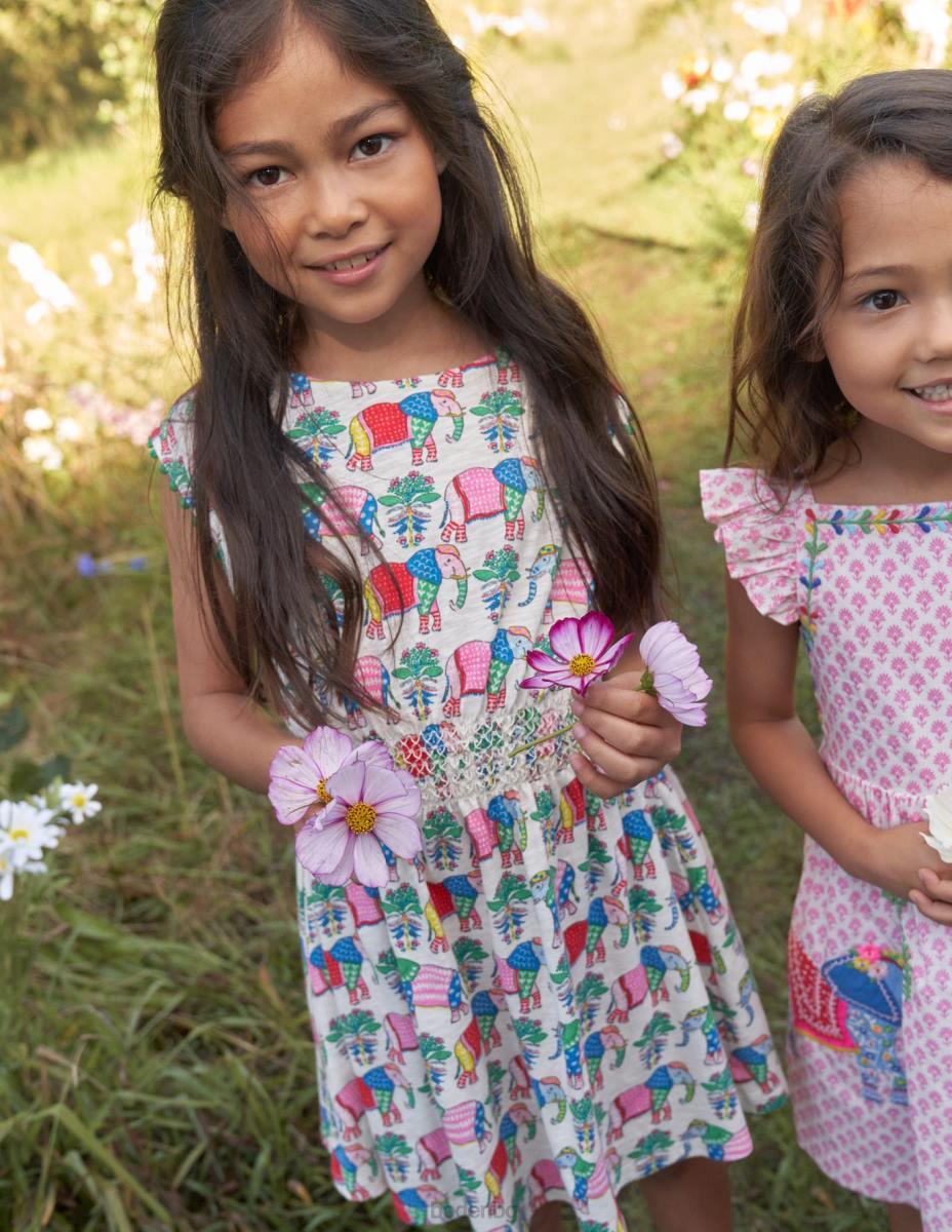 облекло Boden празнична рокля с принт ванилова шушулка слон бебе LL68366