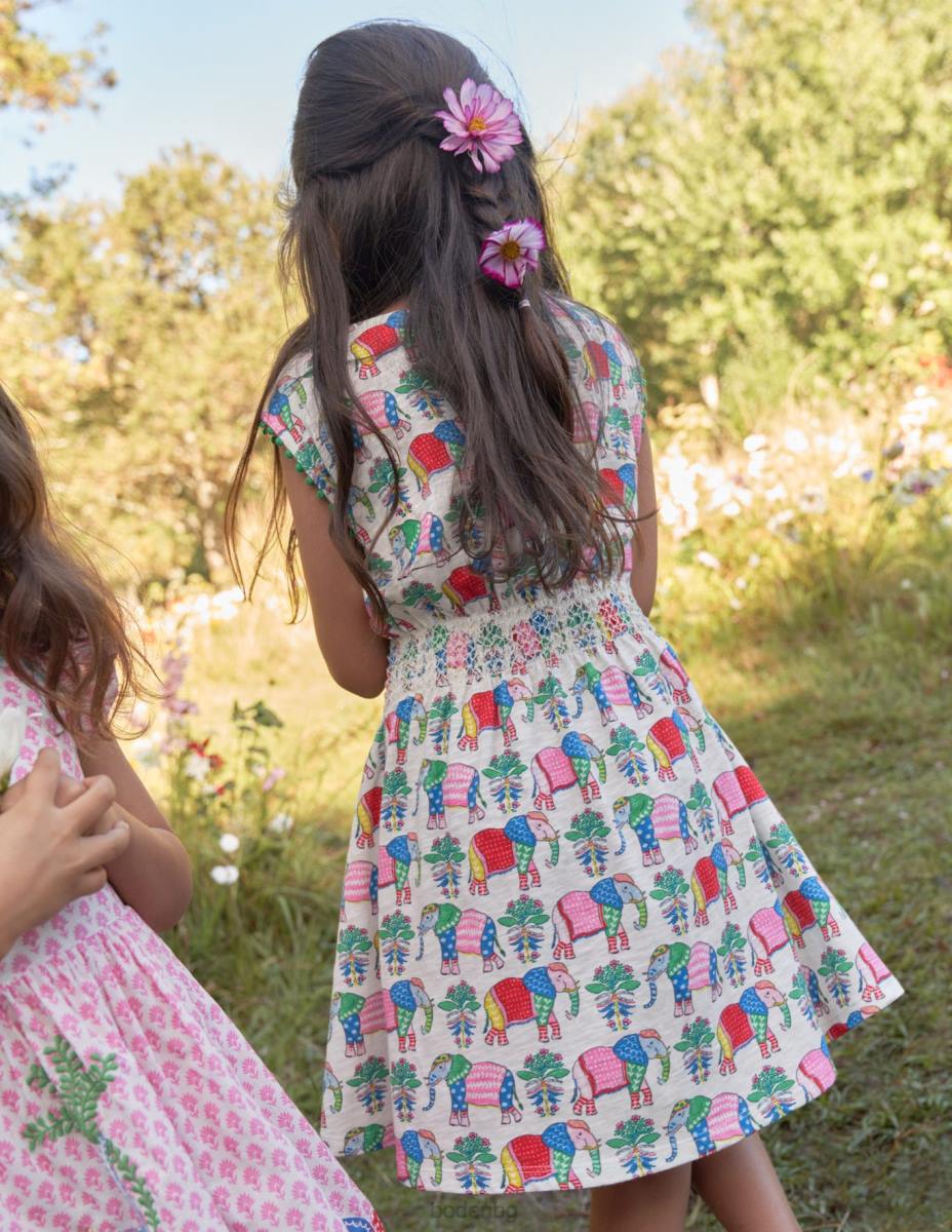 облекло Boden празнична рокля с принт ванилова шушулка слон бебе LL68366