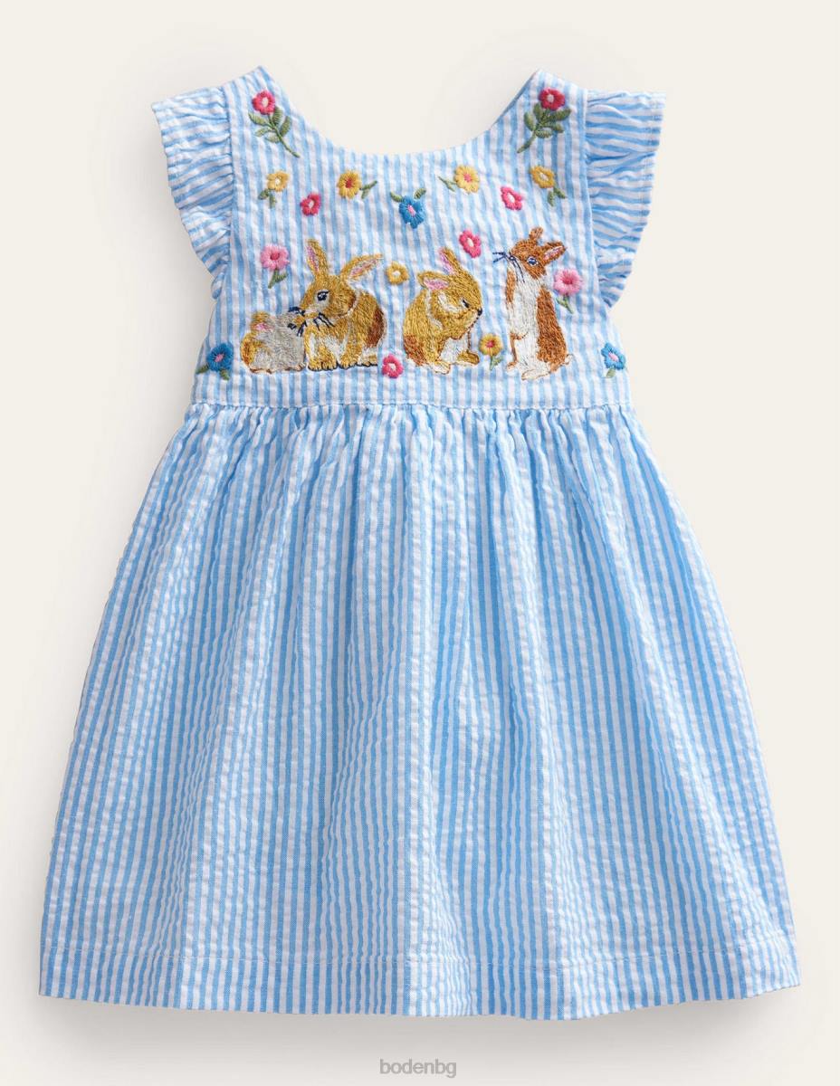 облекло Boden тъкана рокля на pinnie слонова кост/синьо тиктакащо зайче бебе LL683474