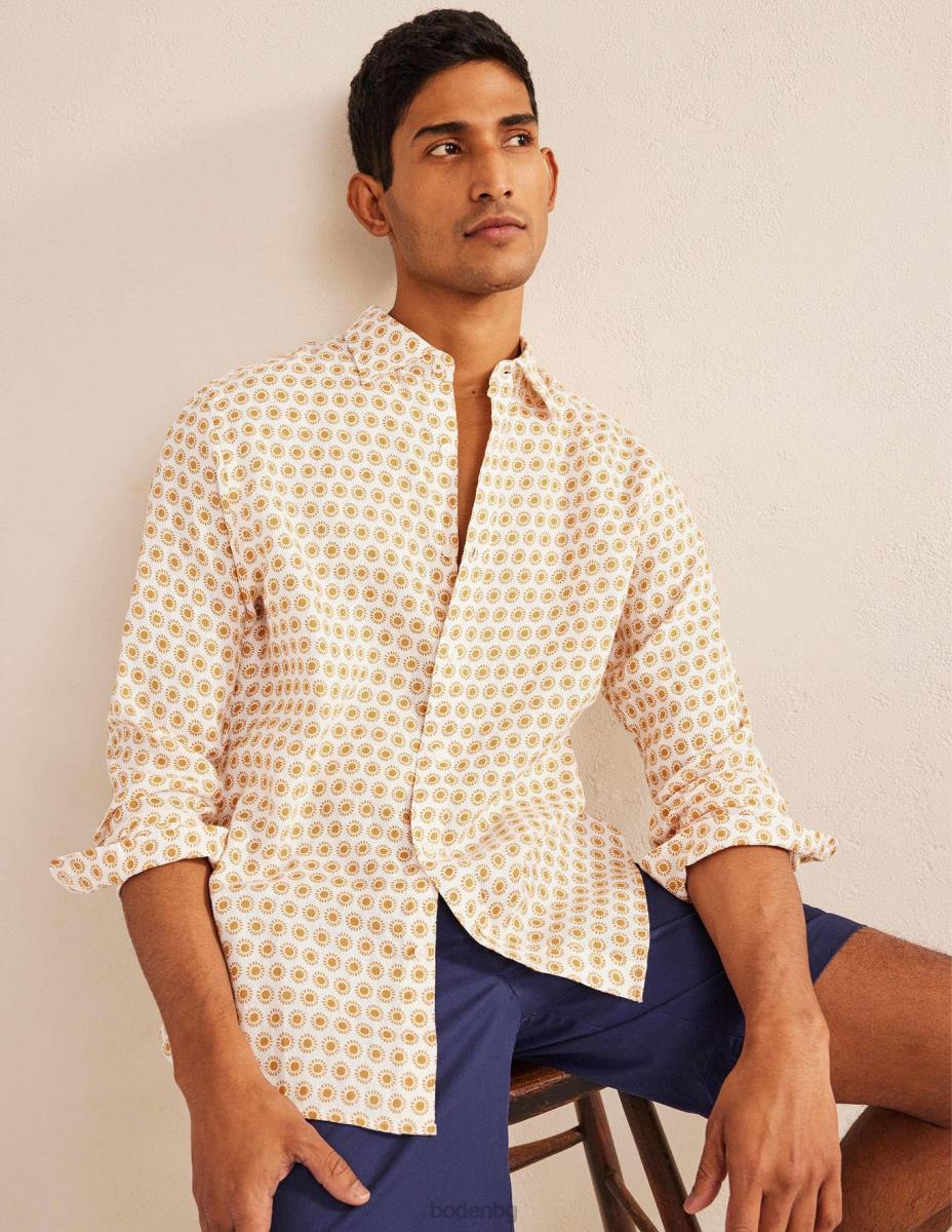 облекло Boden ленена риза с изрязана яка реколта злато слънце мъже LL683511