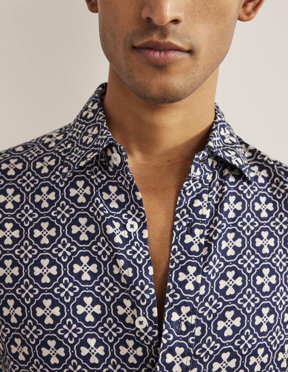 облекло Boden ленена риза с изрязана яка френска морска плочка мъже LL683629