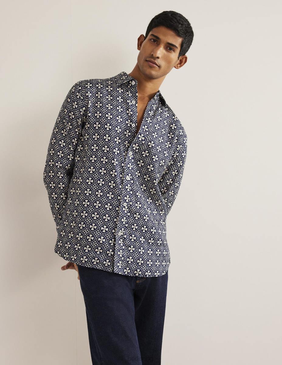 облекло Boden ленена риза с изрязана яка френска морска плочка мъже LL683629