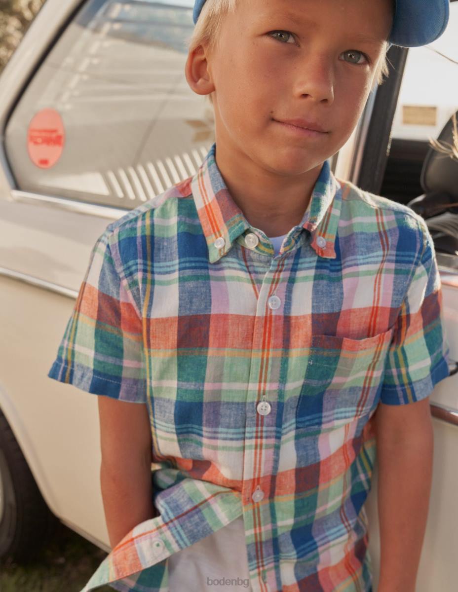облекло Boden памучно-ленена риза огнен опал/зелен мадрас момчета LL68847