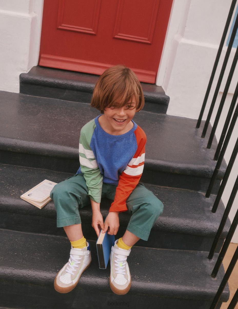 облекло Boden реглан тениска с цветни блокове син/зелен/оранжев мергел момчета LL68849