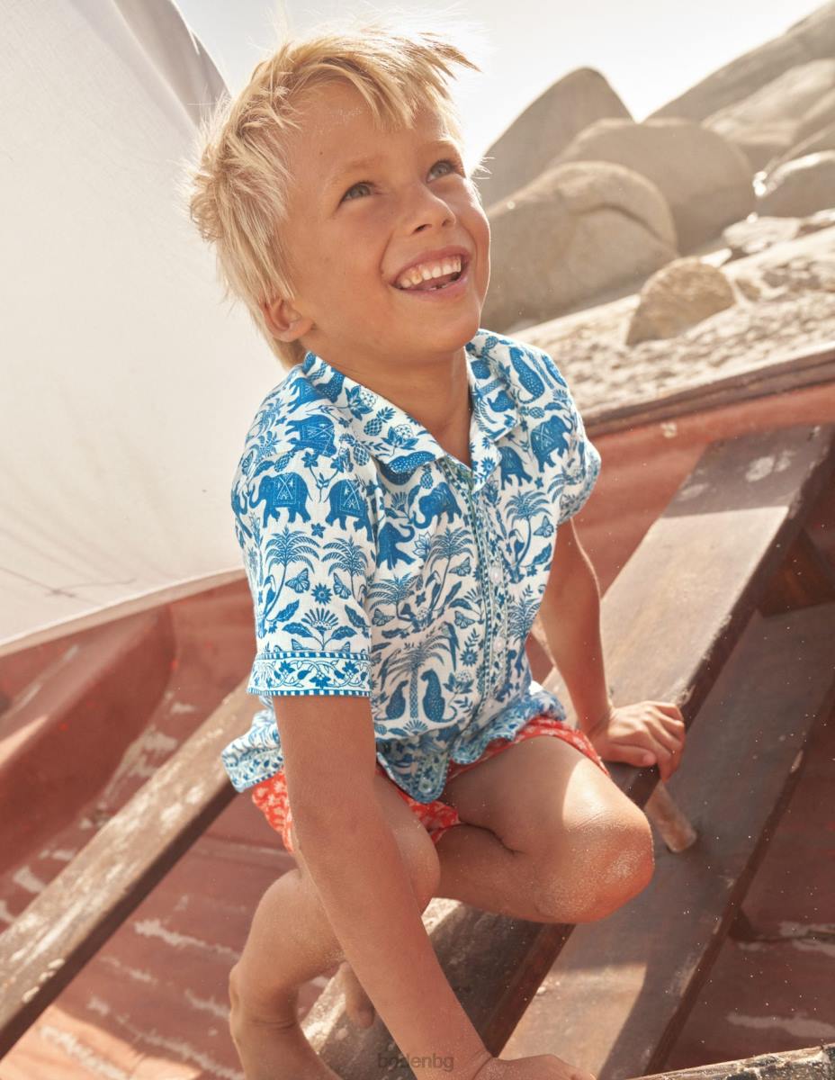 облекло Boden щампована риза с граници сапфир дървен блок тропически момчета LL68856