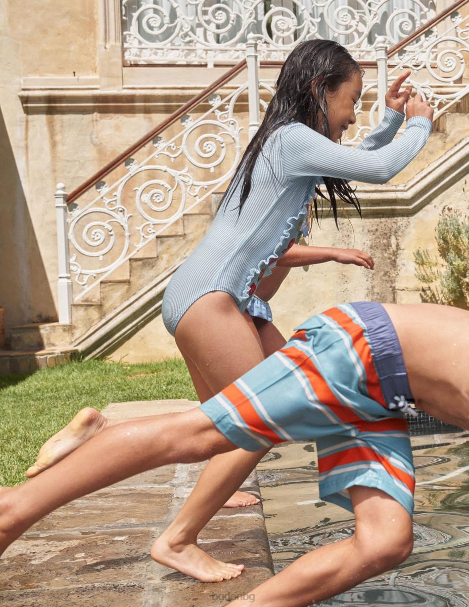 облекло Boden бродиран слънцезащитен бански костюм дъска за сърф цвят слонова кост синя ивица момичета LL682799