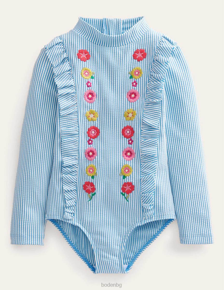 облекло Boden бродиран слънцезащитен бански костюм дъска за сърф цвят слонова кост синя ивица момичета LL682799