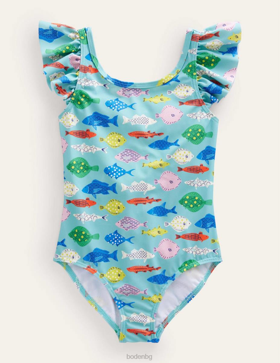 облекло Boden бански с плавни ръкави аква морски мулти риби момичета LL682893