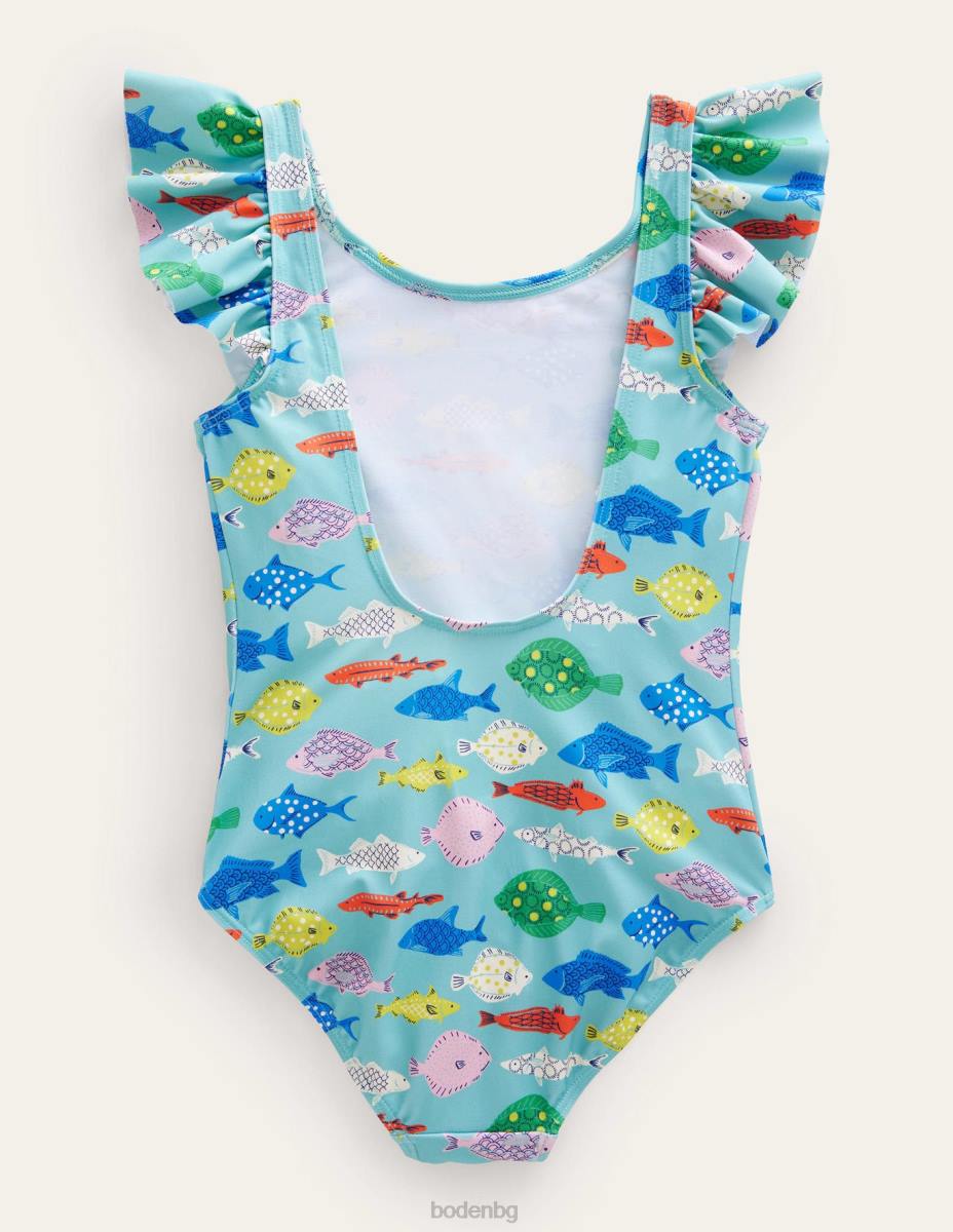 облекло Boden бански с плавни ръкави аква морски мулти риби момичета LL682893