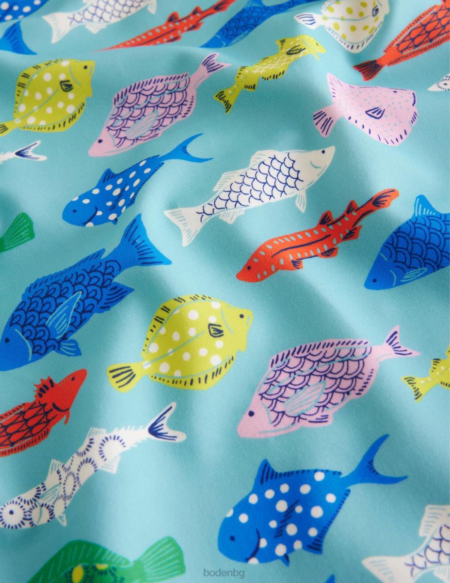 облекло Boden бански с плавни ръкави аква морски мулти риби момичета LL682893