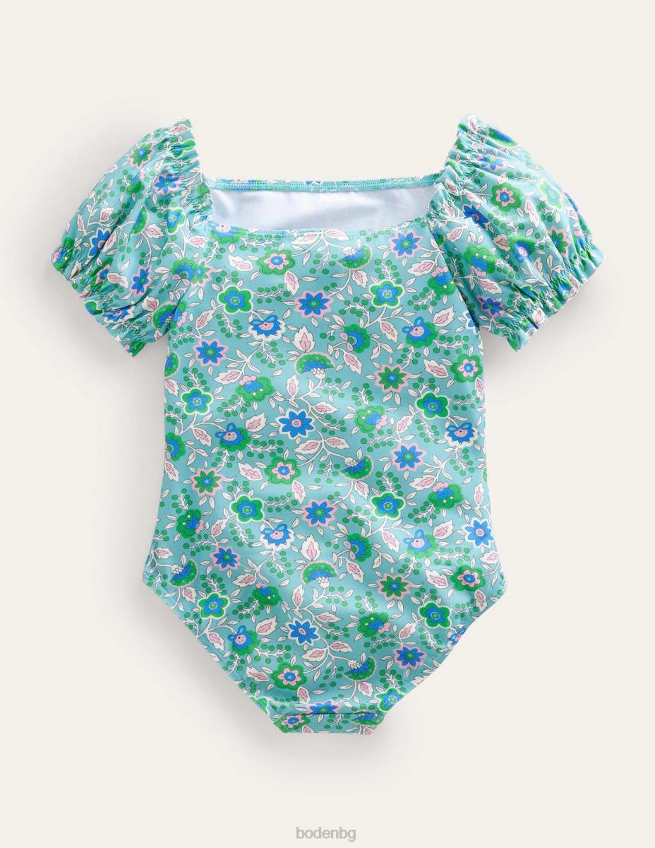 облекло Boden бански с буф ръкав аква морска флорална лоза момичета LL682933