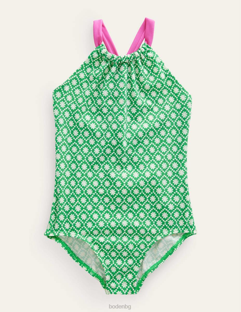 облекло Boden бански с примка назад слонова кост училище зелена маргаритка точка момичета LL682998