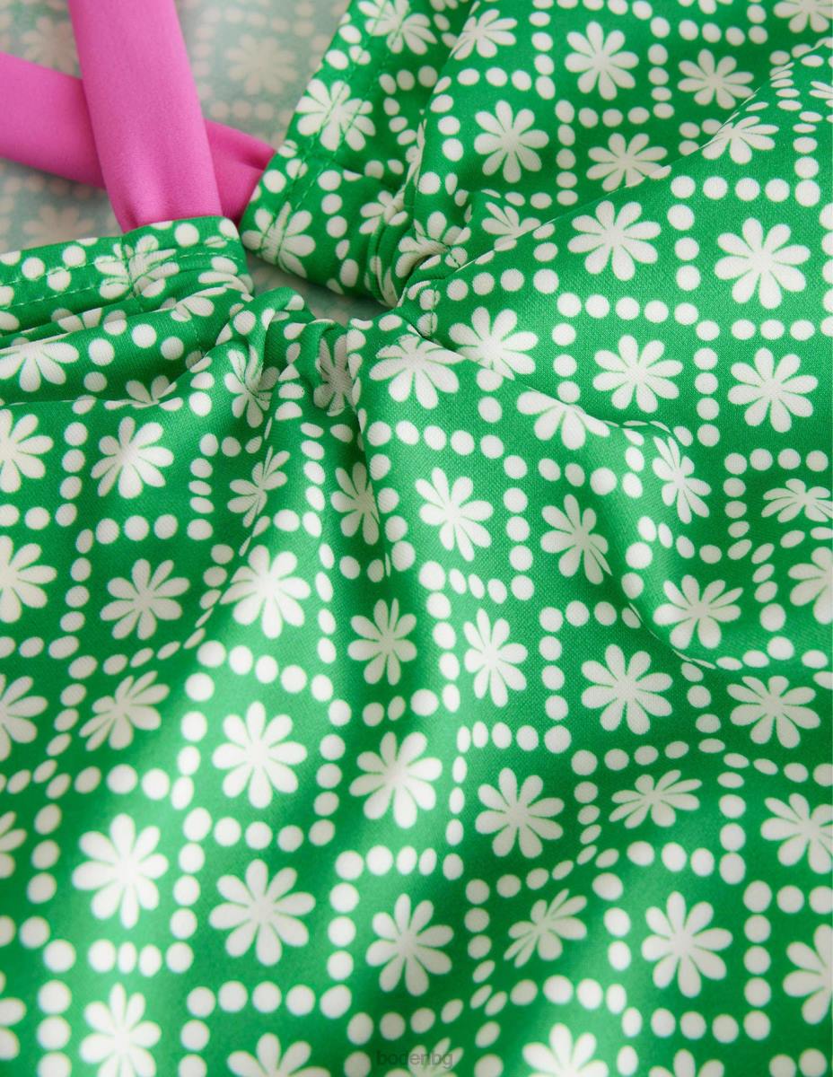 облекло Boden бански с примка назад слонова кост училище зелена маргаритка точка момичета LL682998