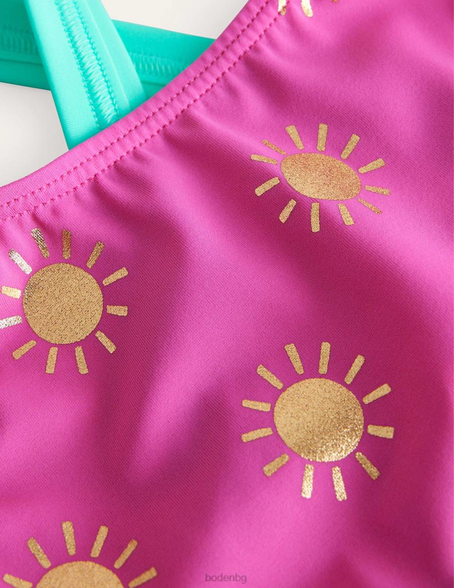 облекло Boden горна част на бикини с кръстосана задна част гъделичкани слънца от розово златно фолио момичета LL683003