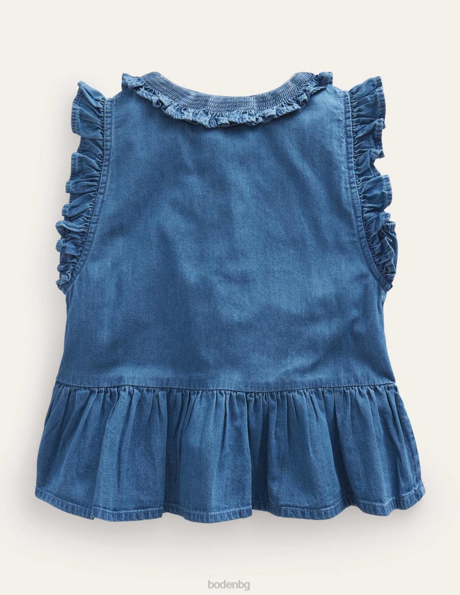 облекло Boden блуза с волани от шамбре шамбре синьо момичета LL683056