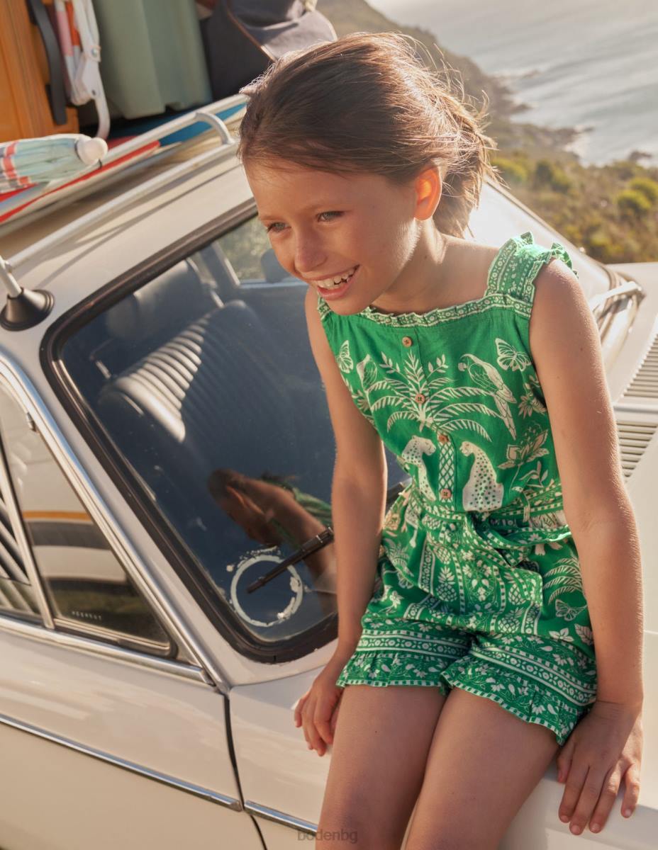 облекло Boden ленено-памучен костюм с волани богата изумрудена гоа момичета LL682754