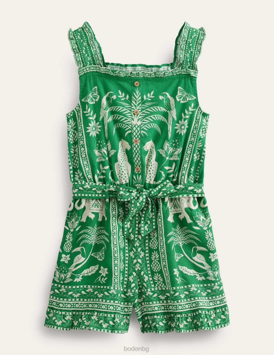 облекло Boden ленено-памучен костюм с волани богата изумрудена гоа момичета LL682754