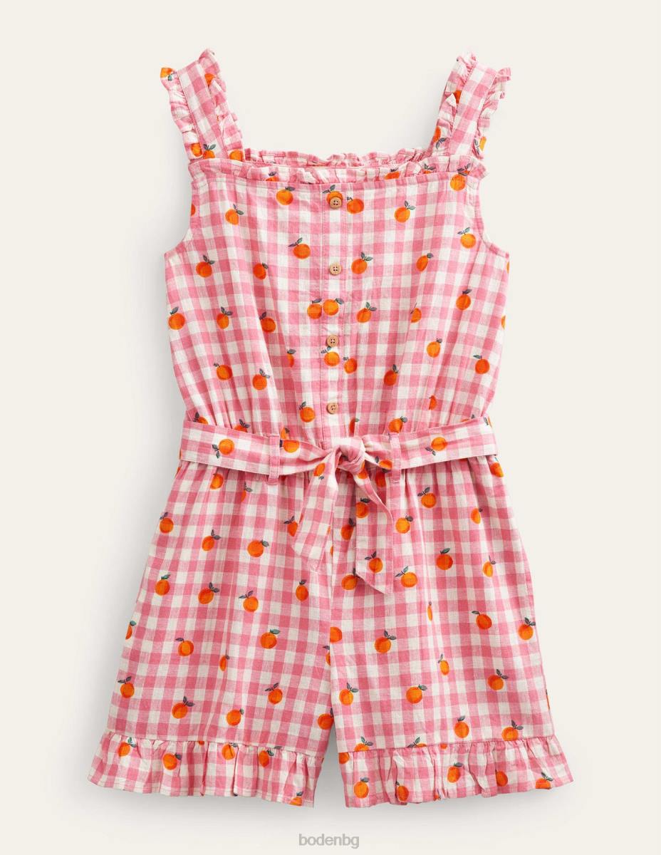 облекло Boden ленено-памучен костюм с волани азалия и гингам от слонова кост момичета LL682787