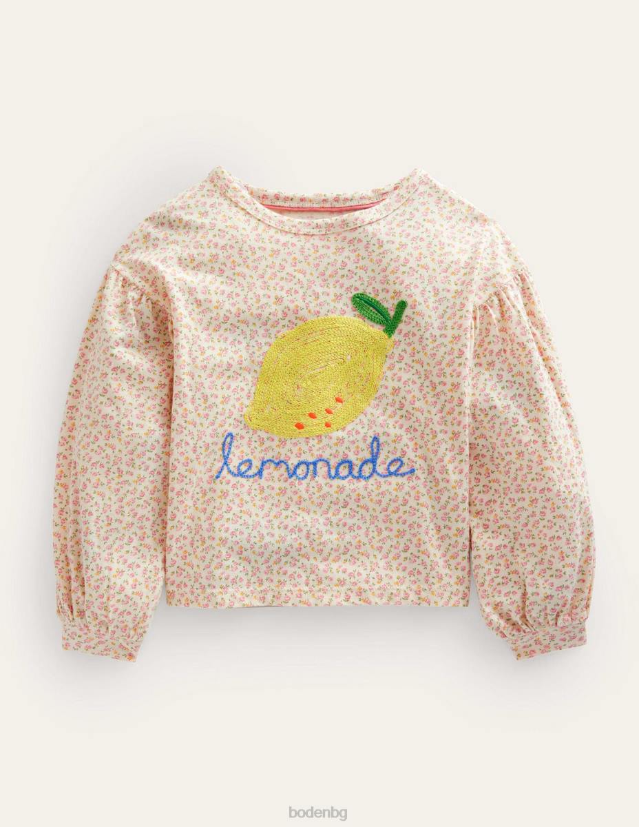 облекло Boden бродирана горна част флорална лимонада от слонова кост момичета LL682863