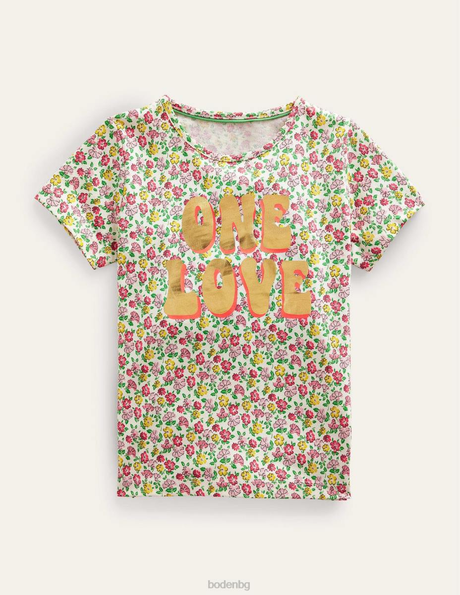 облекло Boden тениска с надпис с фолио флорална шушулка ванилия момичета LL682980