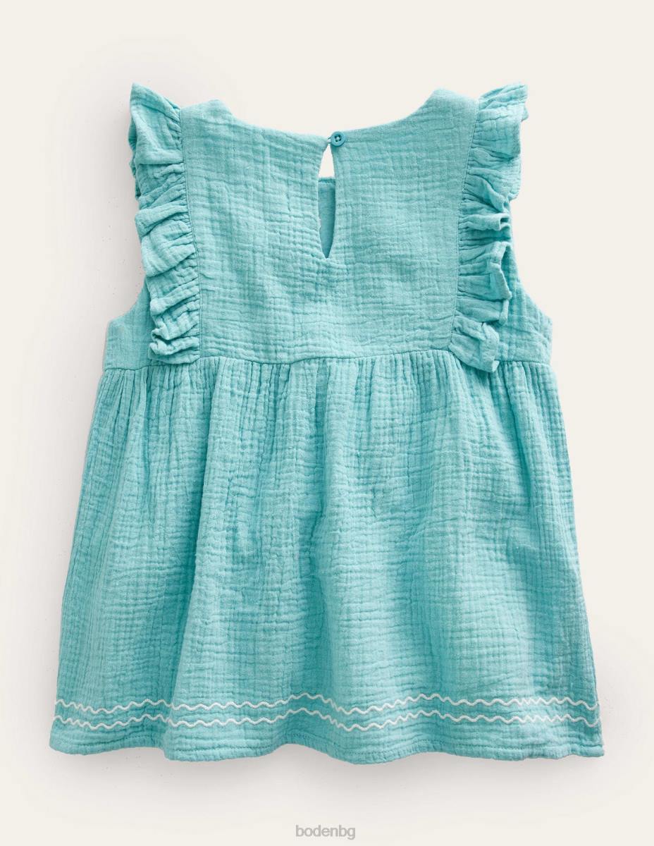 облекло Boden бродирана горна част от двоен плат аква море момичета LL682999