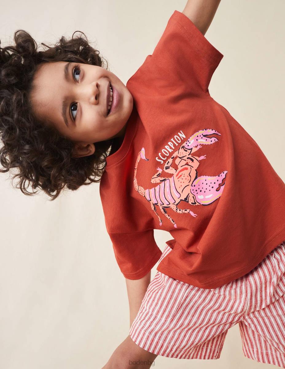 облекло Boden щампована спокойна тениска печен кестен кафяв скорпион момичета LL683017