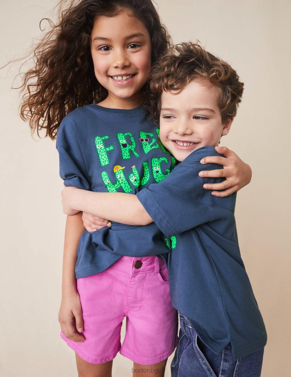 облекло Boden графична тениска робот сини безплатни прегръдки момичета LL683059