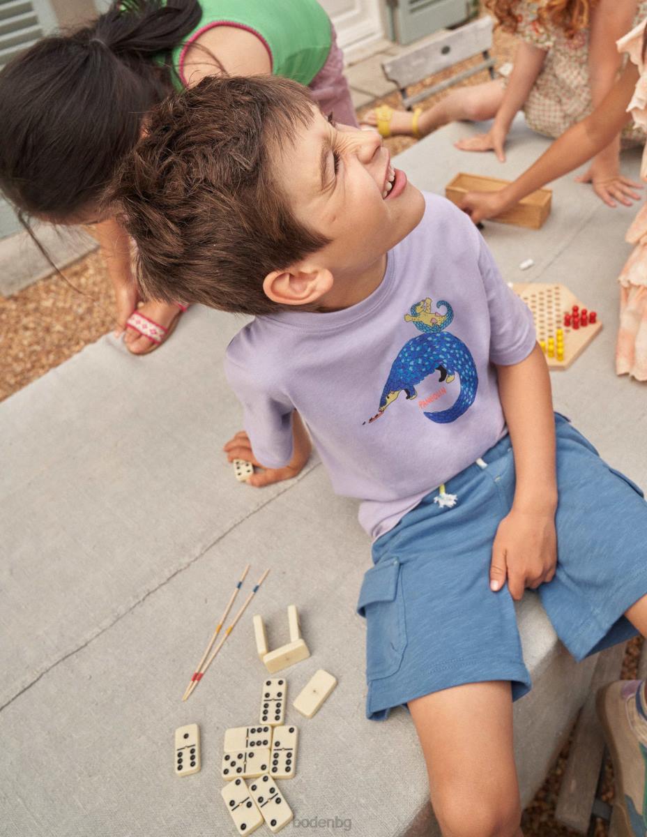 облекло Boden щампована спокойна тениска мъглив лавандулов панголин момичета LL683062