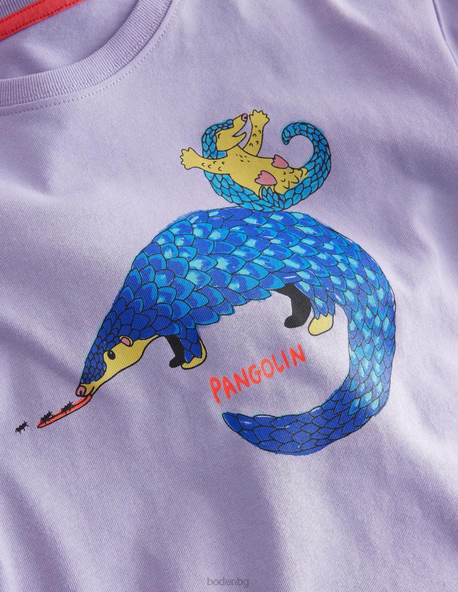 облекло Boden щампована спокойна тениска мъглив лавандулов панголин момичета LL683062