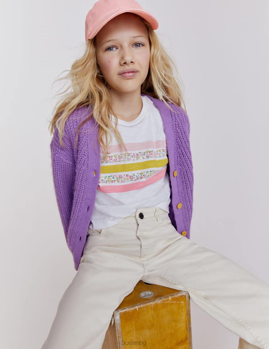 облекло Boden спокойна изрязана тениска слонова кост флорална ивица момичета LL683088