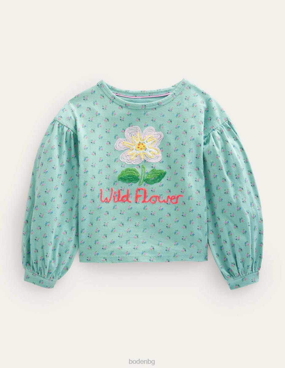 облекло Boden бродирана горна част тюркоазено синьо диво цвете момичета LL683100
