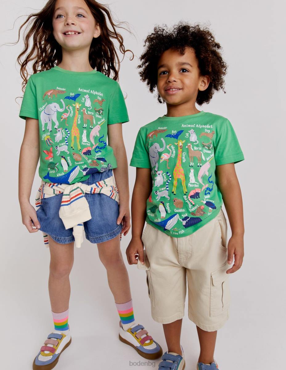 облекло Boden тениска за обучение на животни алое зелена животинска азбука момичета LL683128