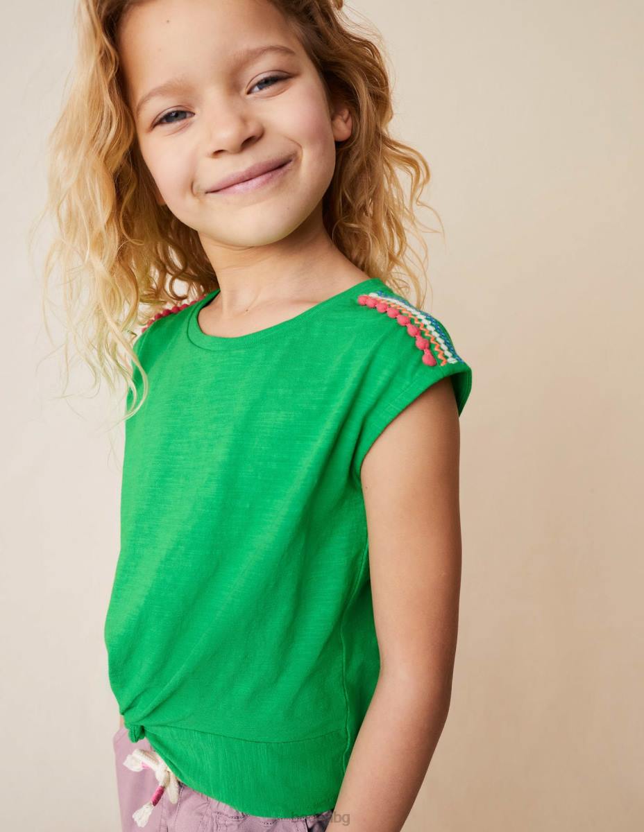 облекло Boden събрана предна тениска ярко зелено момичета LL683216