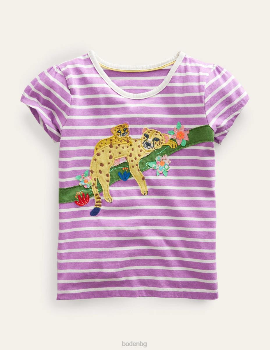 облекло Boden голяма горна част с апликации лупина лилаво/слонова кост леопарди момичета LL683221