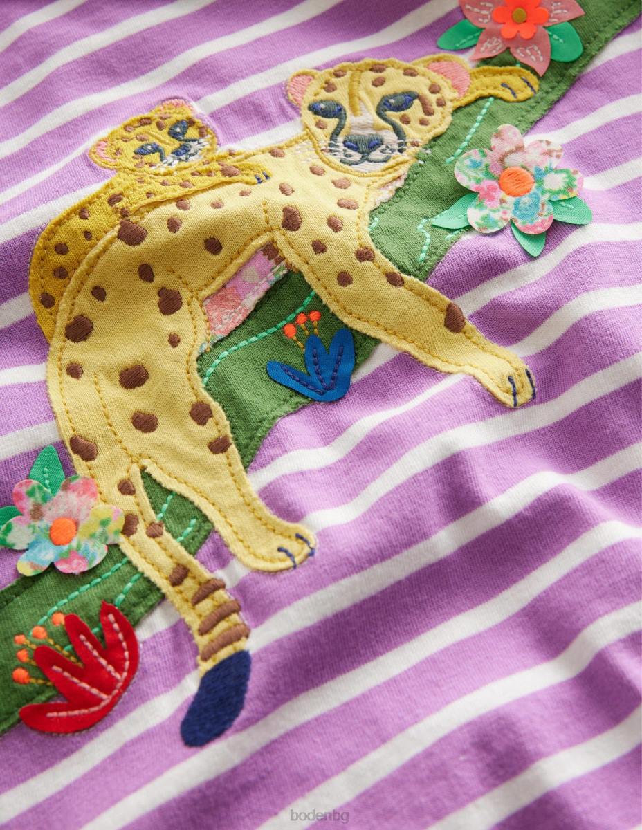 облекло Boden голяма горна част с апликации лупина лилаво/слонова кост леопарди момичета LL683221