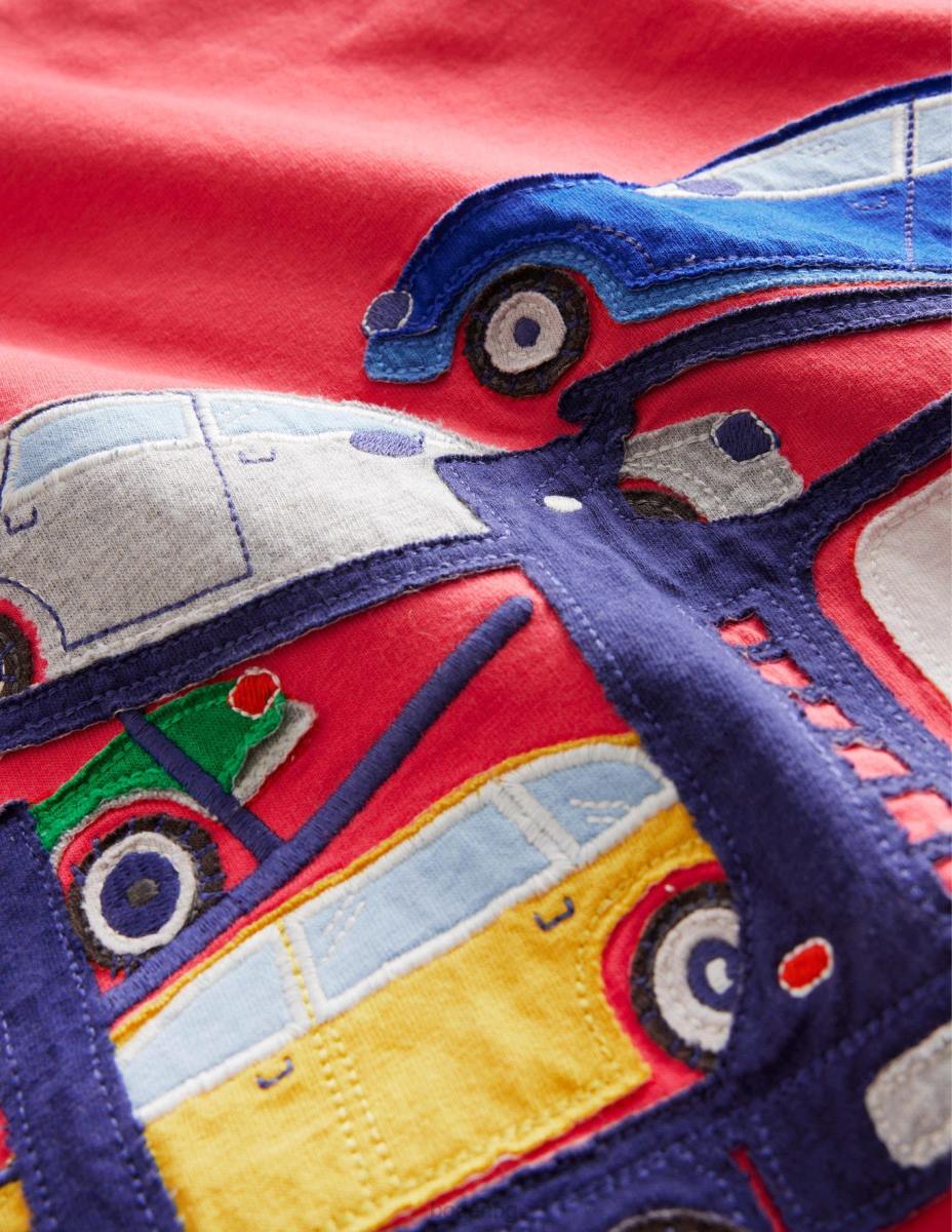 облекло Boden тениска с апликации отпред и отзад конфитюр червен транспортер момичета LL683248