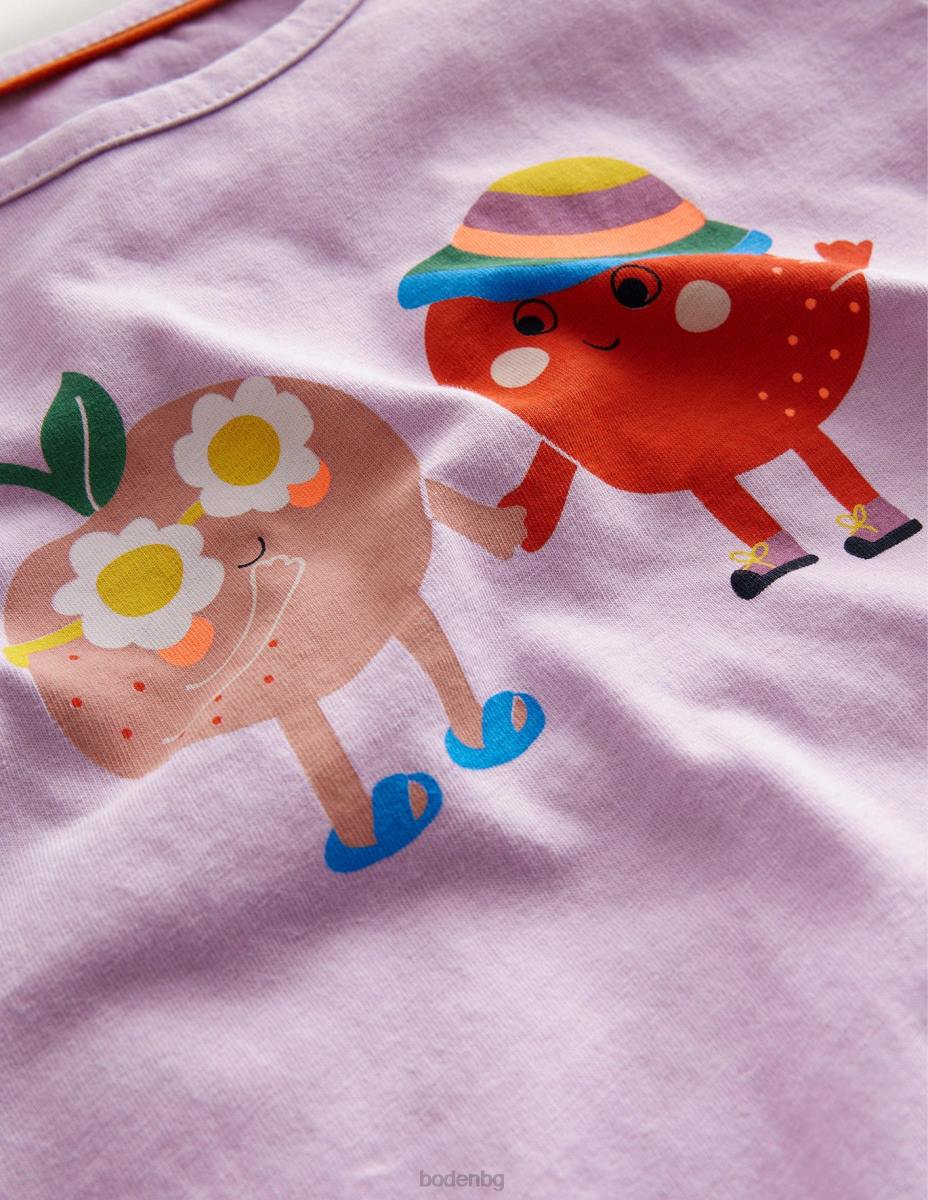 облекло Boden тениска с щампована графика сладък грах лилави праскови момичета LL683289