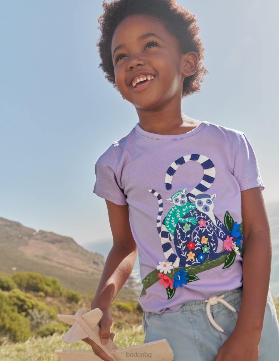 облекло Boden тениска с апликации мек лавандулов лемур момичета LL68757