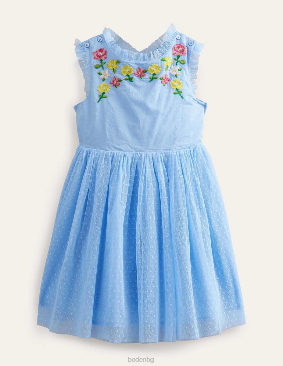 облекло Boden бродирана рокля с кръстосани гръбчета шепот синьо момичета LL682781