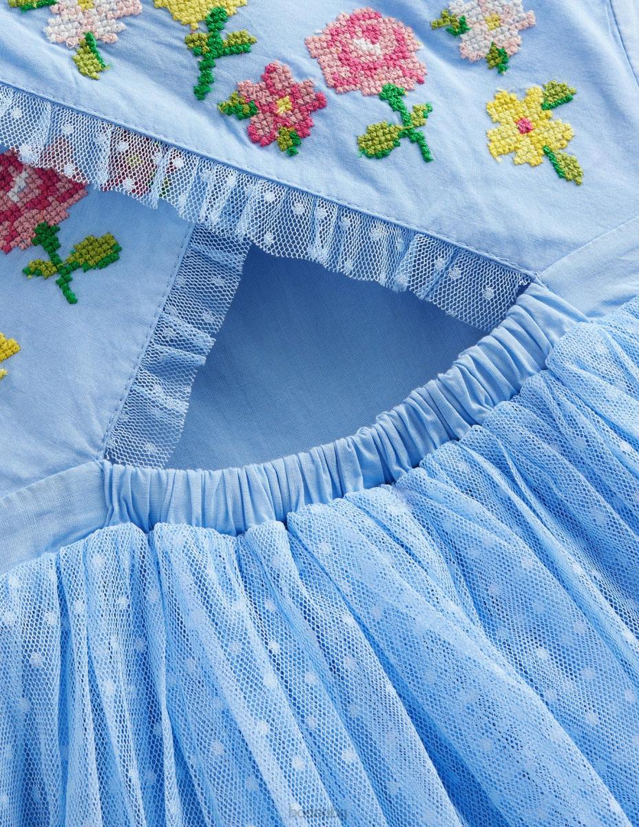 облекло Boden бродирана рокля с кръстосани гръбчета шепот синьо момичета LL682781