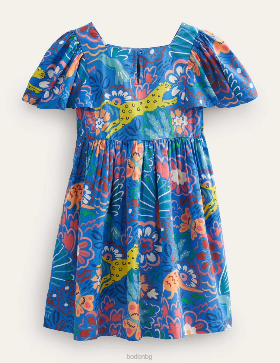 облекло Boden рокля с щампован ръкав сини флорални животни момичета LL682798