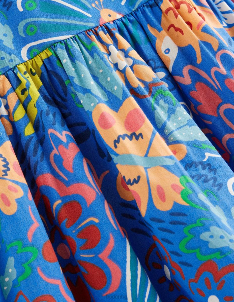 облекло Boden рокля с щампован ръкав сини флорални животни момичета LL682798