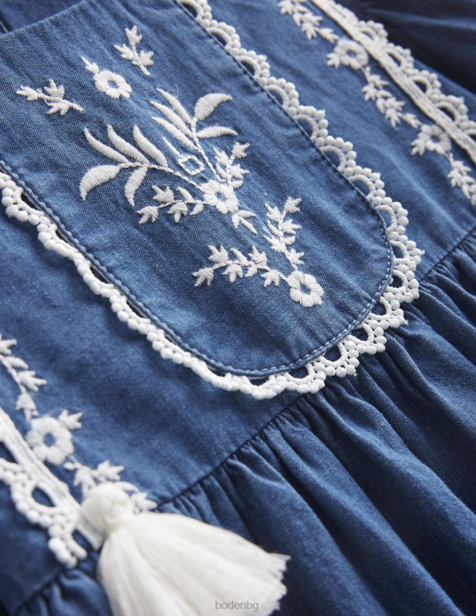 облекло Boden бродирана тъкана рокля среден деним момичета LL682991