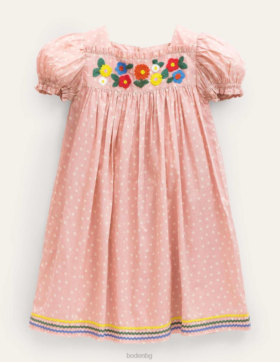 облекло Boden бродирана тъкана рокля бото розово петно ​​флорално момичета LL683105