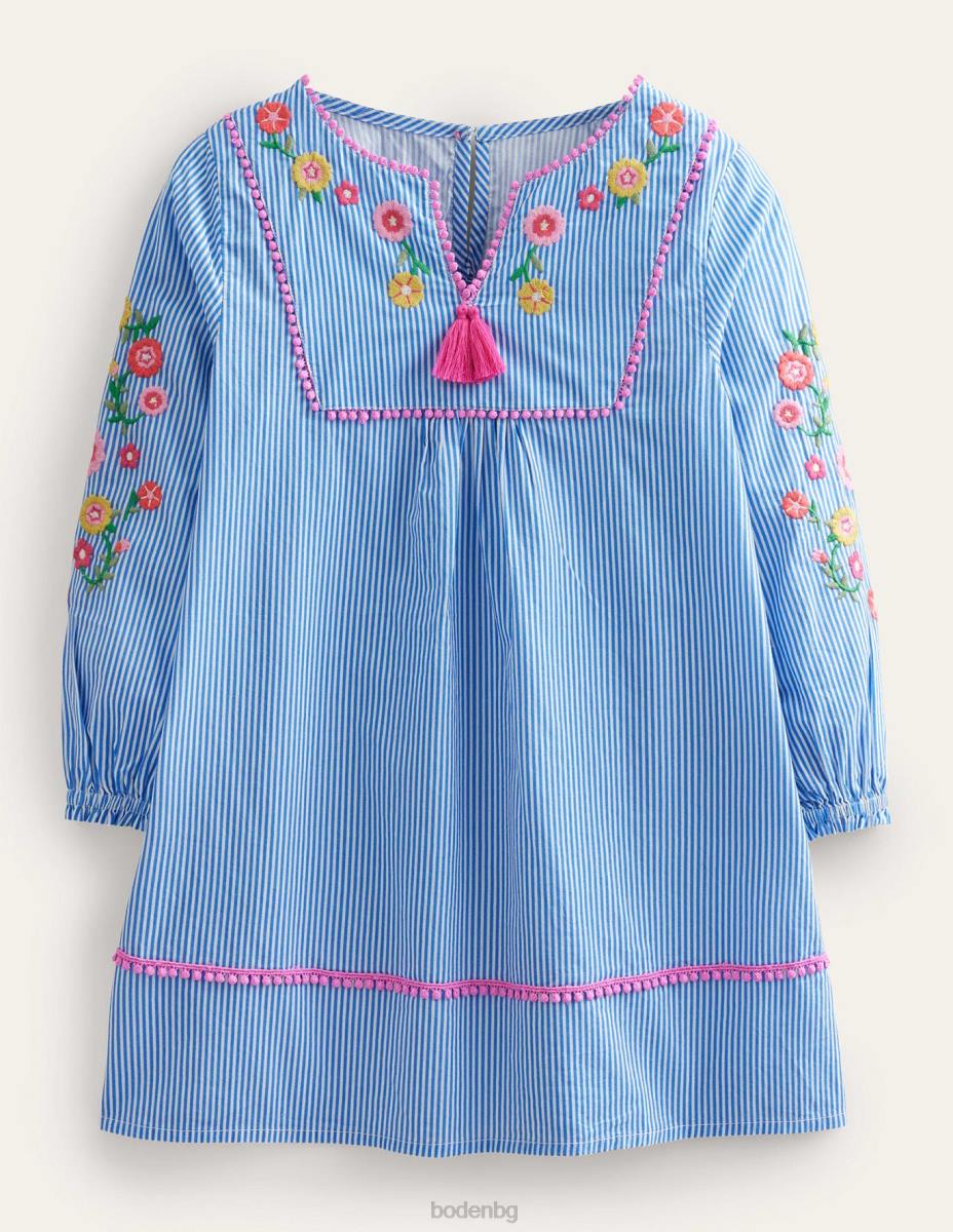 облекло Boden бродиран кафтан с дълъг ръкав слонова кост и синя ивица момичета LL683176