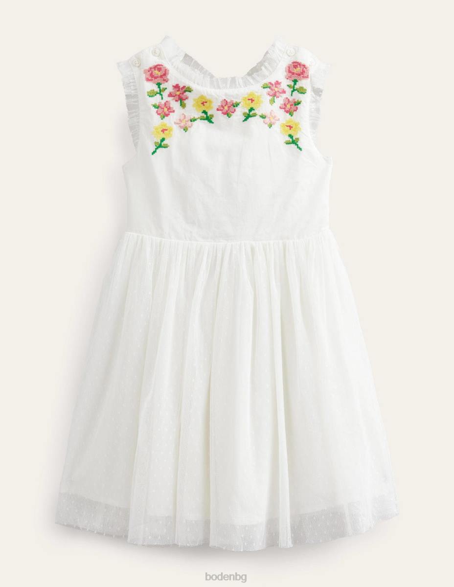 облекло Boden бродирана рокля с кръстосани гръбчета слонова кост момичета LL683232